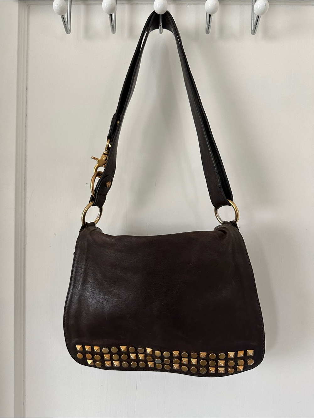 Vintage Tory Burch Linden Dark Brown Leather Shoulder Bag with Gold Studs